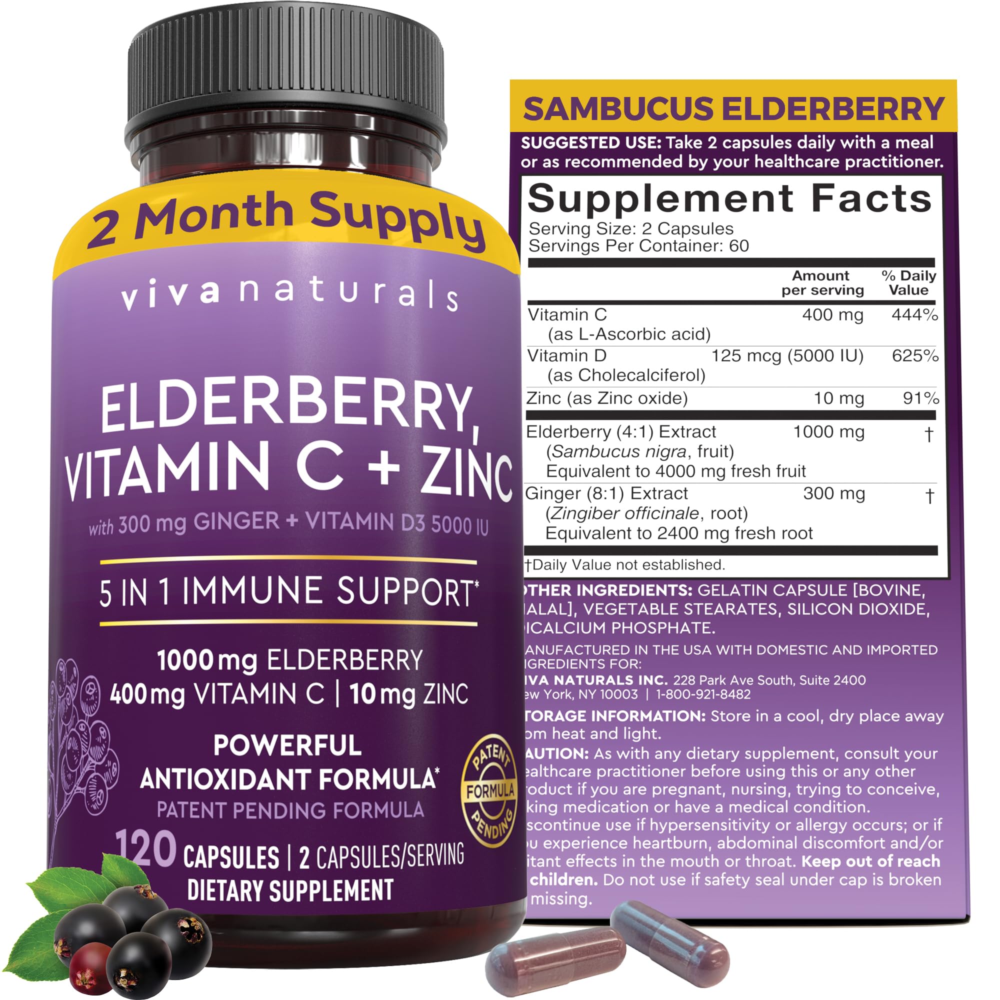 Bottle of Viva Naturals Elderberry 5-in-1 immunity supplement