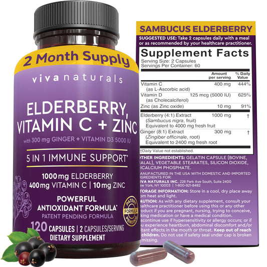 Bottle of Viva Naturals Elderberry 5-in-1 immunity supplement