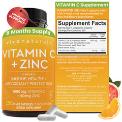 Bottle label of Viva Naturals Vitamin C 1000mg + Zinc 20mg