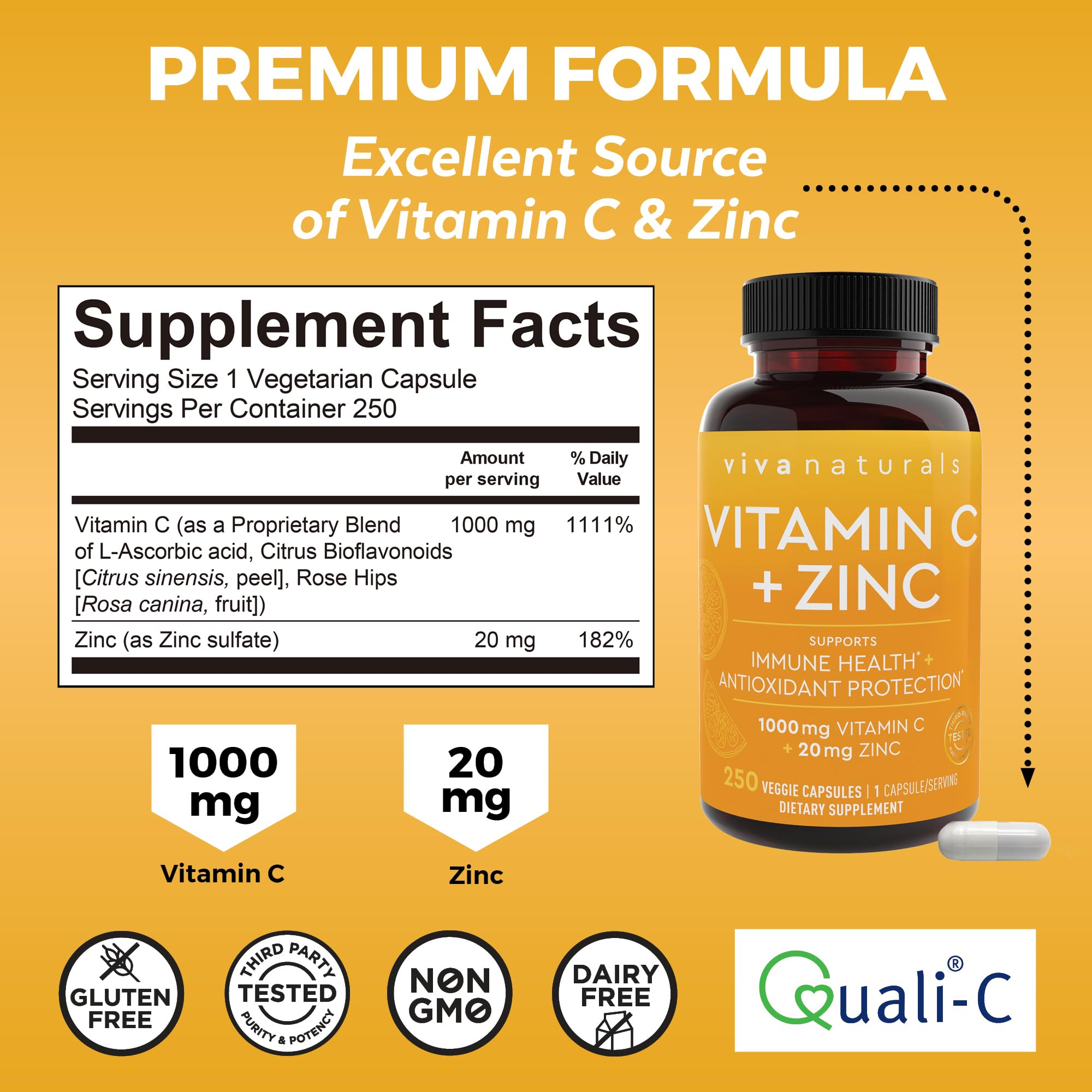 Capsules and bottle showing 250 veggie capsules per bottle