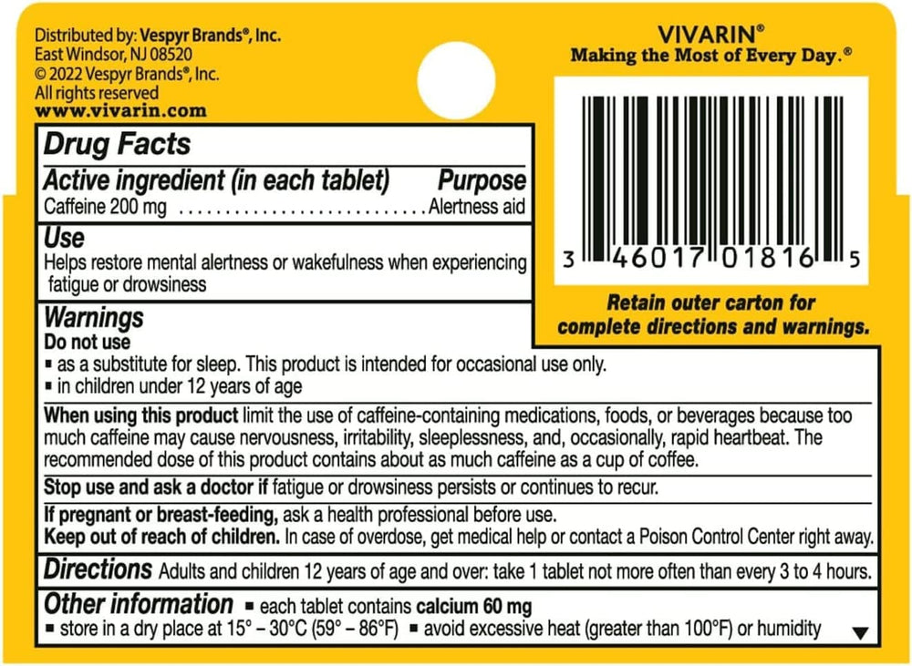 Vivarin Tabs 16-count back of box with dosage information