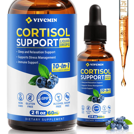 Vivcmin 10-in-1 cortisol supplement bottle with blueberry flavor