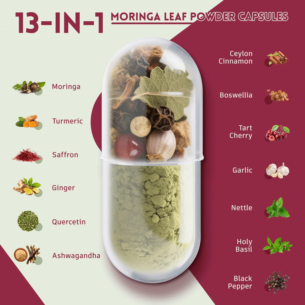 Moringa, Turmeric, Ginger, Quercetin, Saffron ingredients illustration