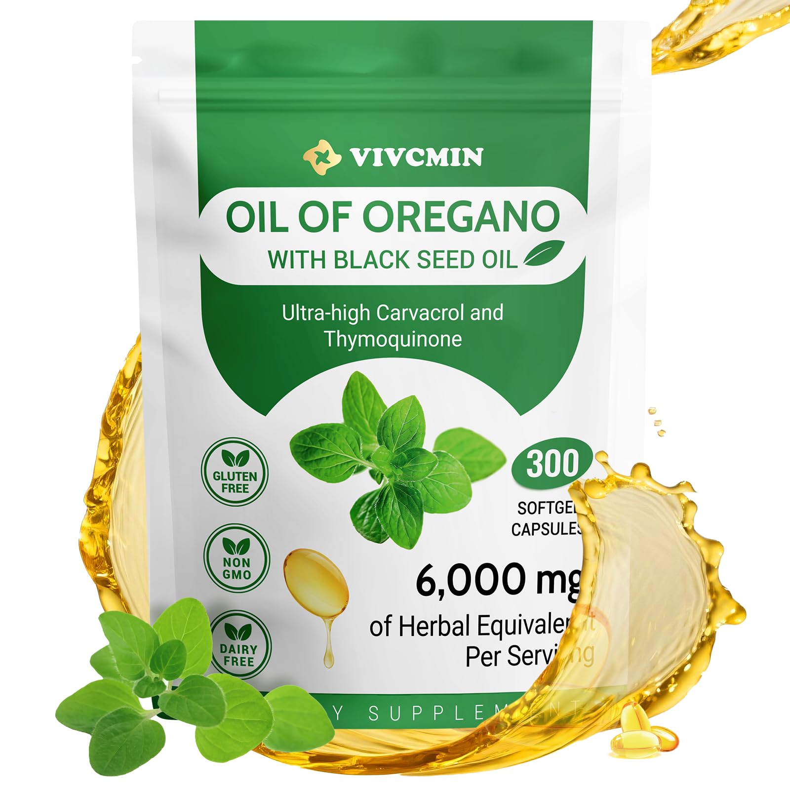 Front view of vivcmin Oregano Oil bottle with 300 softgels