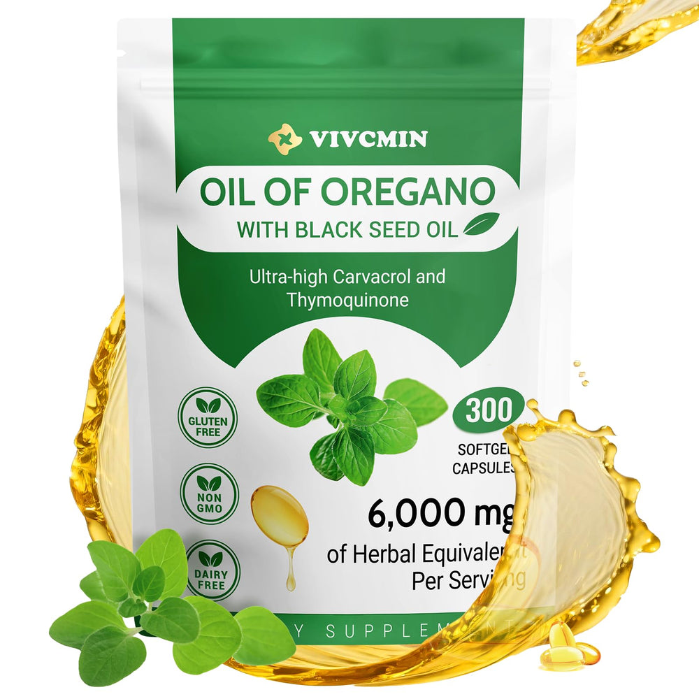 Front view of vivcmin Oregano Oil bottle with 300 softgels