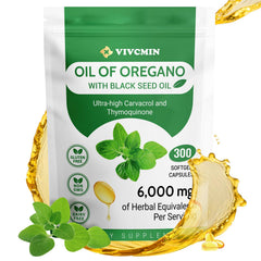 Front view of vivcmin Oregano Oil bottle with 300 softgels