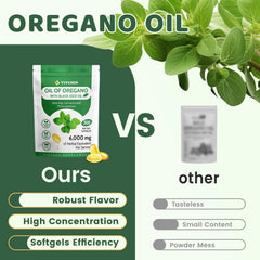 Graphic showing 6000mg oregano oil and 200mg black seed oil per serving