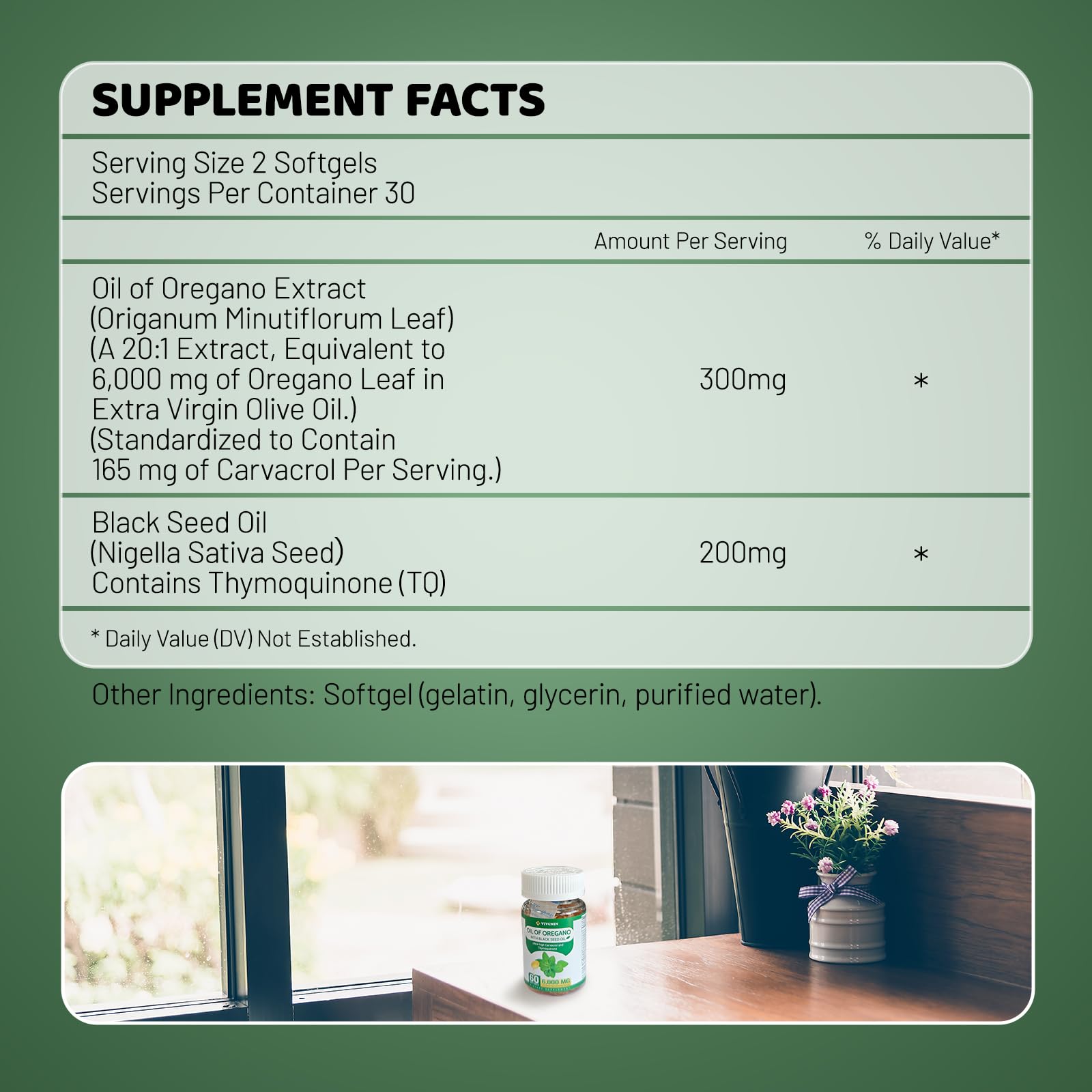 Close-up of oregano oil softgels