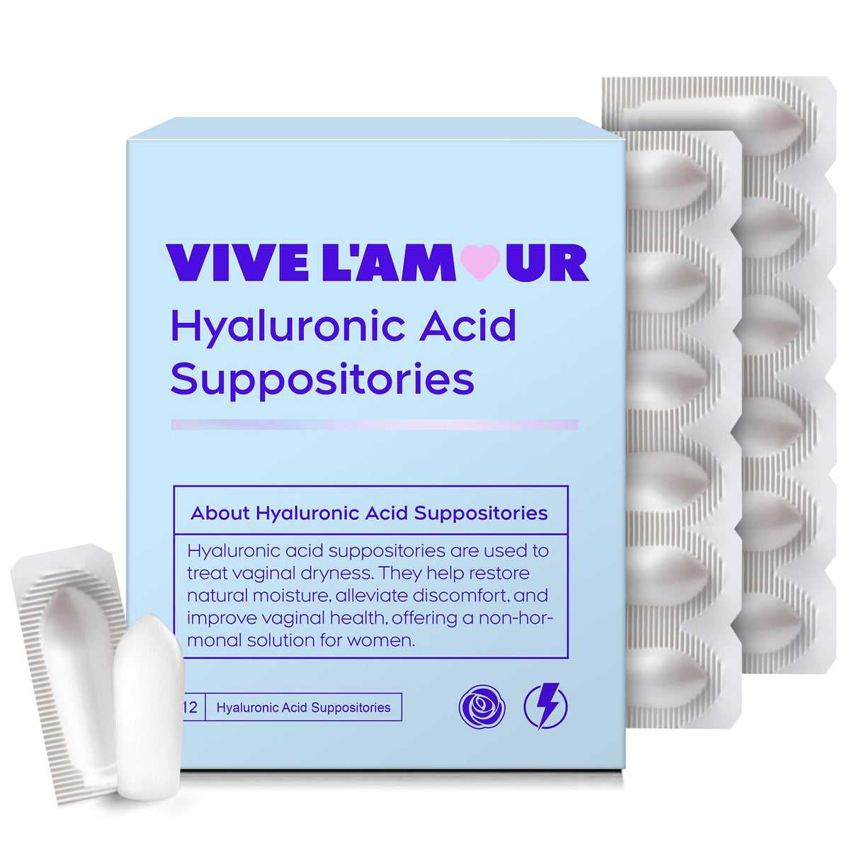 Vive L'Amour hyaluronic vaginal suppositories package demonstrates portable moisture for on-the-go use.
