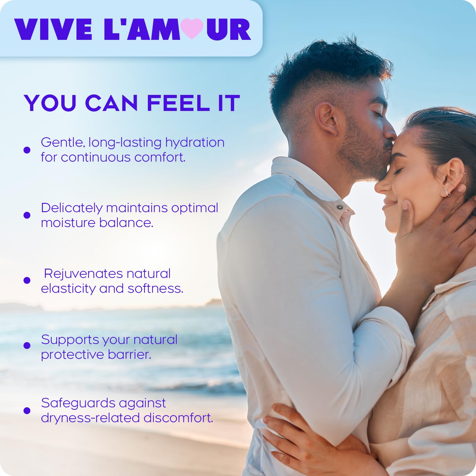 Vive L'Amour natural ingredients label communicates plant-based, gentle moisture support.