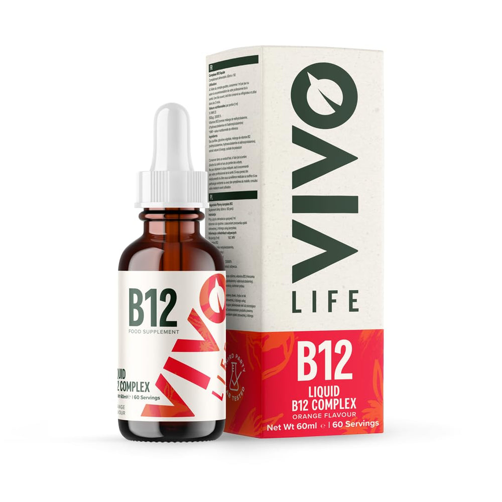 Bottle of Vivo Life Vitamin B12 Complex orange liquid drops