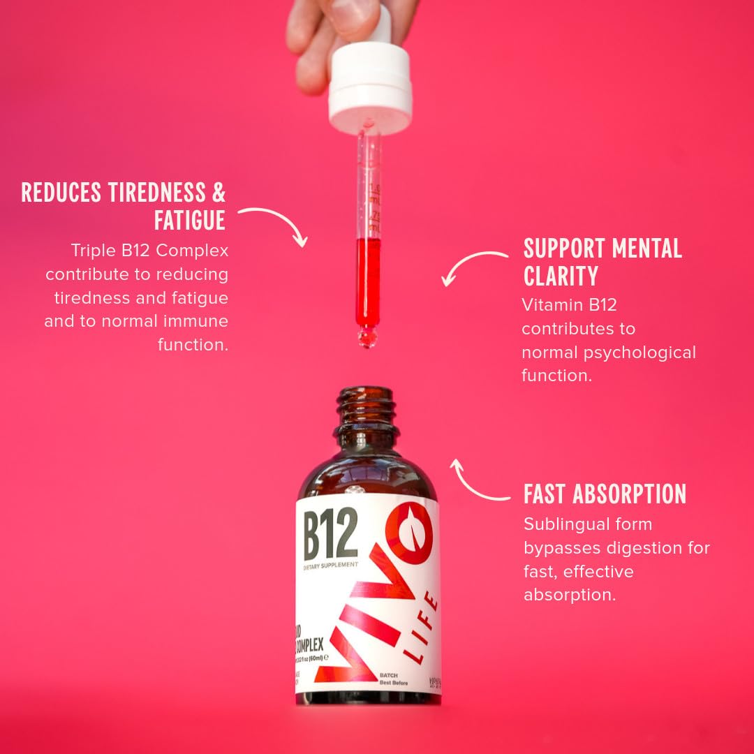 Dropper dispensing orange vitamin B12 liquid drops