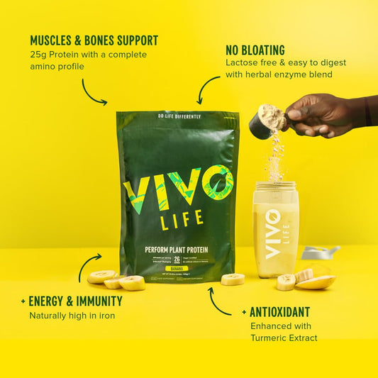 Scoop of Vivo Life Perform Banana Cinnamon protein powder