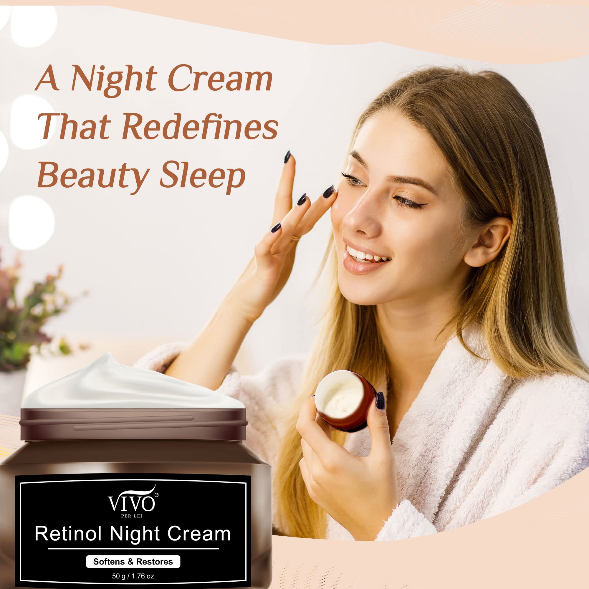 Vivo Per Lei Retinol Night Cream on a dresser with a soft glow