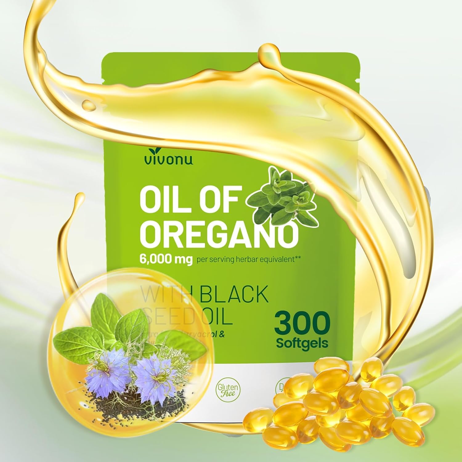 VivoNu Oil of Oregano with Black Seed Oil capsules close-up