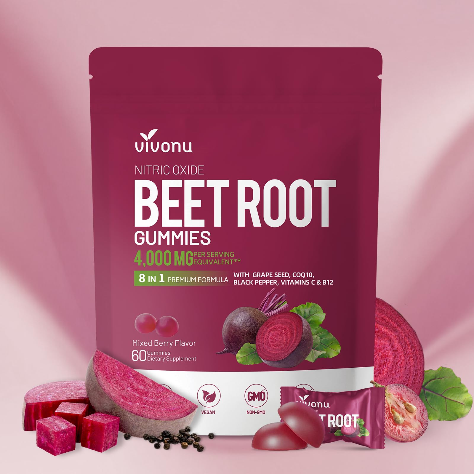 VivoNu Beet Root Gummies bottle on white background