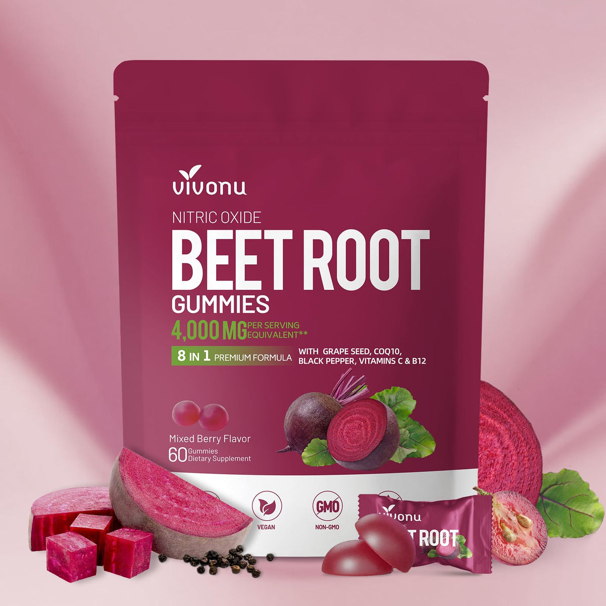 VivoNu Beet Root Gummies bottle on white background