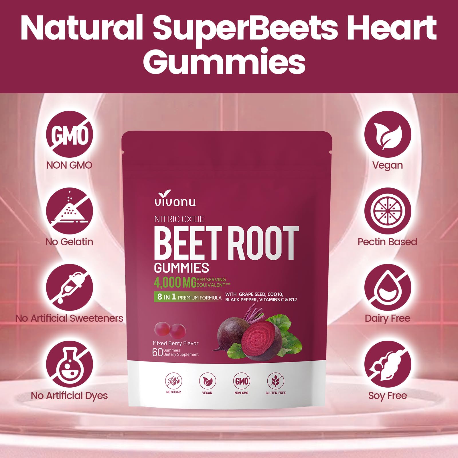 Beetroot gummy with CoQ10 and berry flavor theme