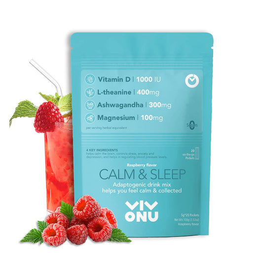 Sachets of VivoNu Calm & Sleep raspberry powder mix