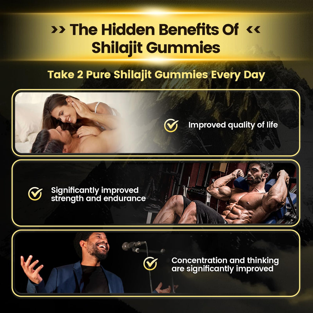 Shilajit resin and natural ingredients on wooden surface