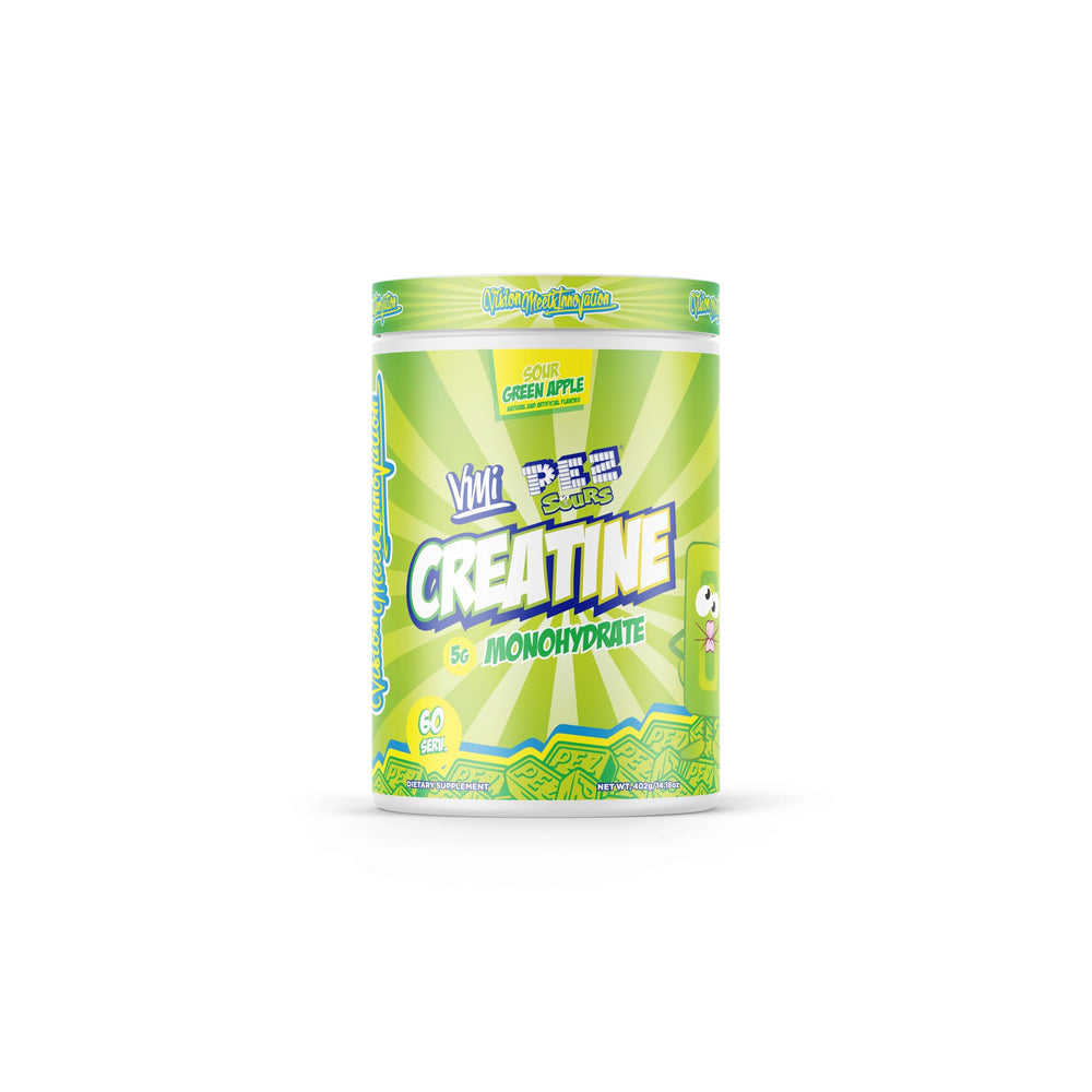 VMI Sports front package showing PEZ Sour Green Apple flavor and benefits