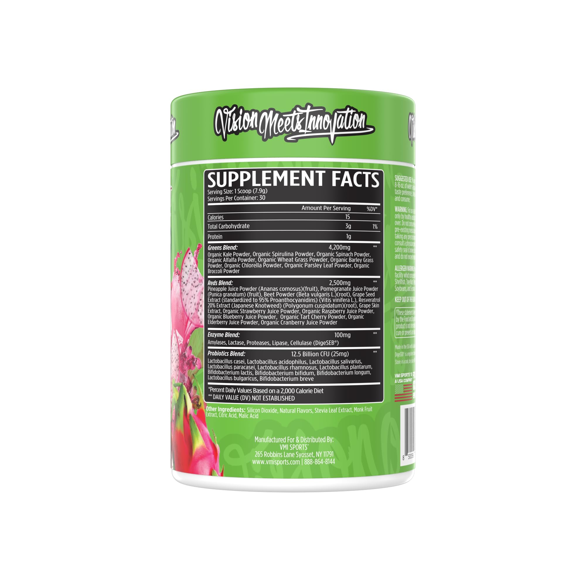 Close-up of DigeSEB digestive enzymes and probiotic blend in Greens + Reds