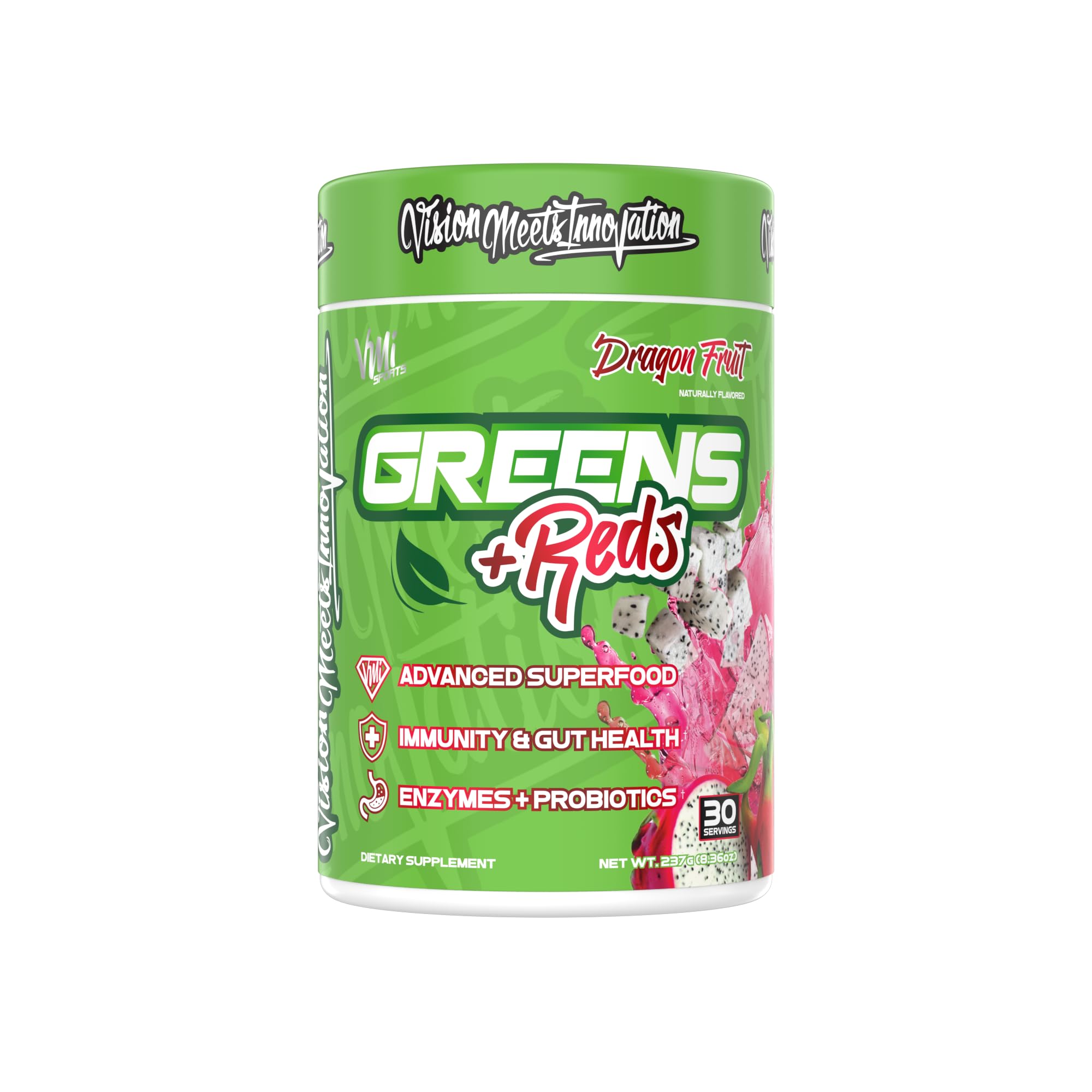 Product image showing greens and reds superfood ingredients for immunity and gut health