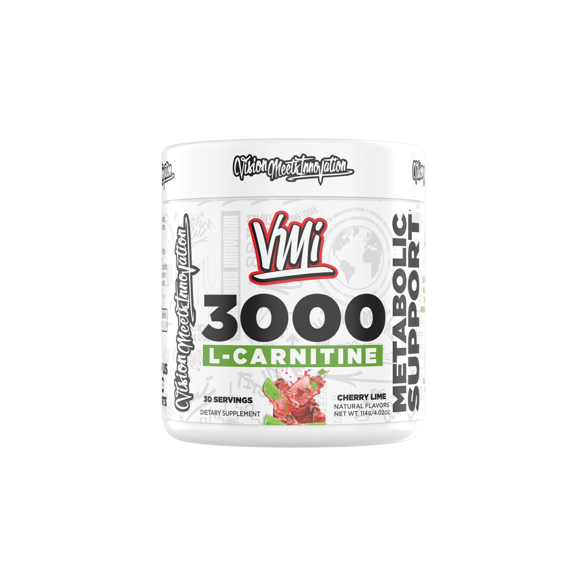 VMI Sports L-Carnitine 3000 Powder Cherry Lime flavor bottle with scoop