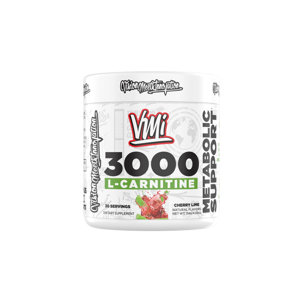 VMI Sports L-Carnitine 3000 Powder Cherry Lime flavor bottle with scoop