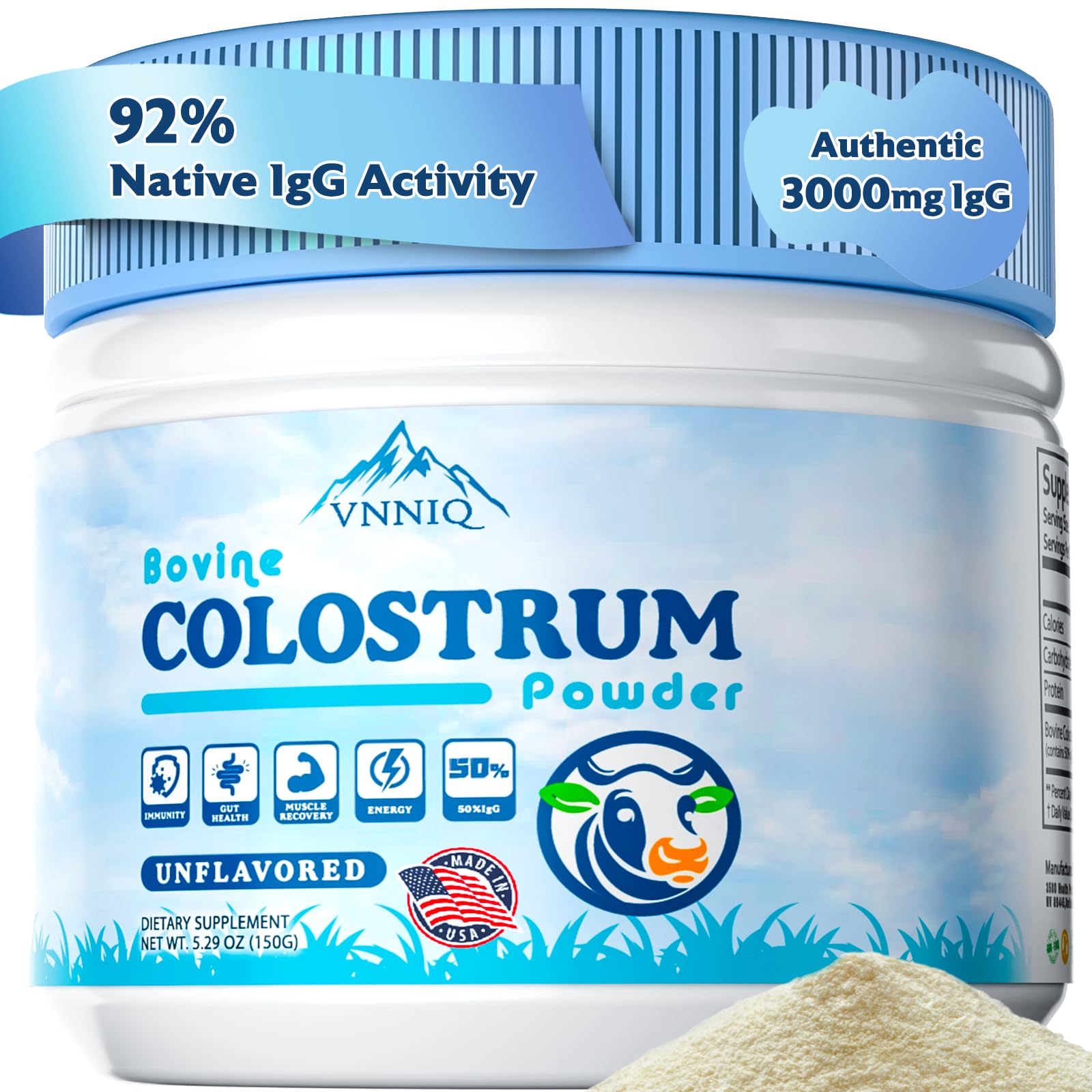 VNNIQ Bovine Colostrum powder bottle label — organic source for daily immune support.