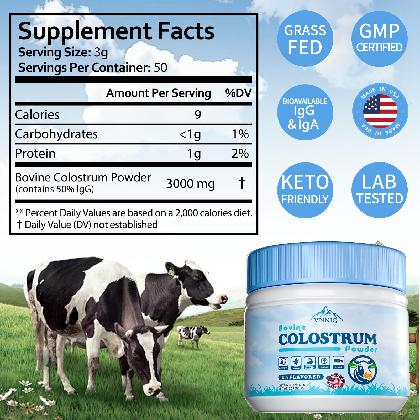 VNNIQ Bovine Colostrum powder being stirred into a smoothie for daily use.