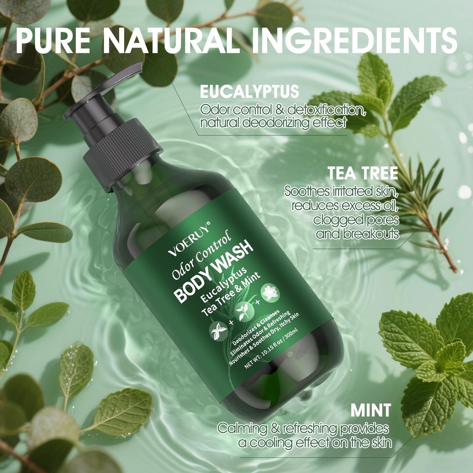 VOERUY aloe vera and green tea formula provides soothing hydration imagery.