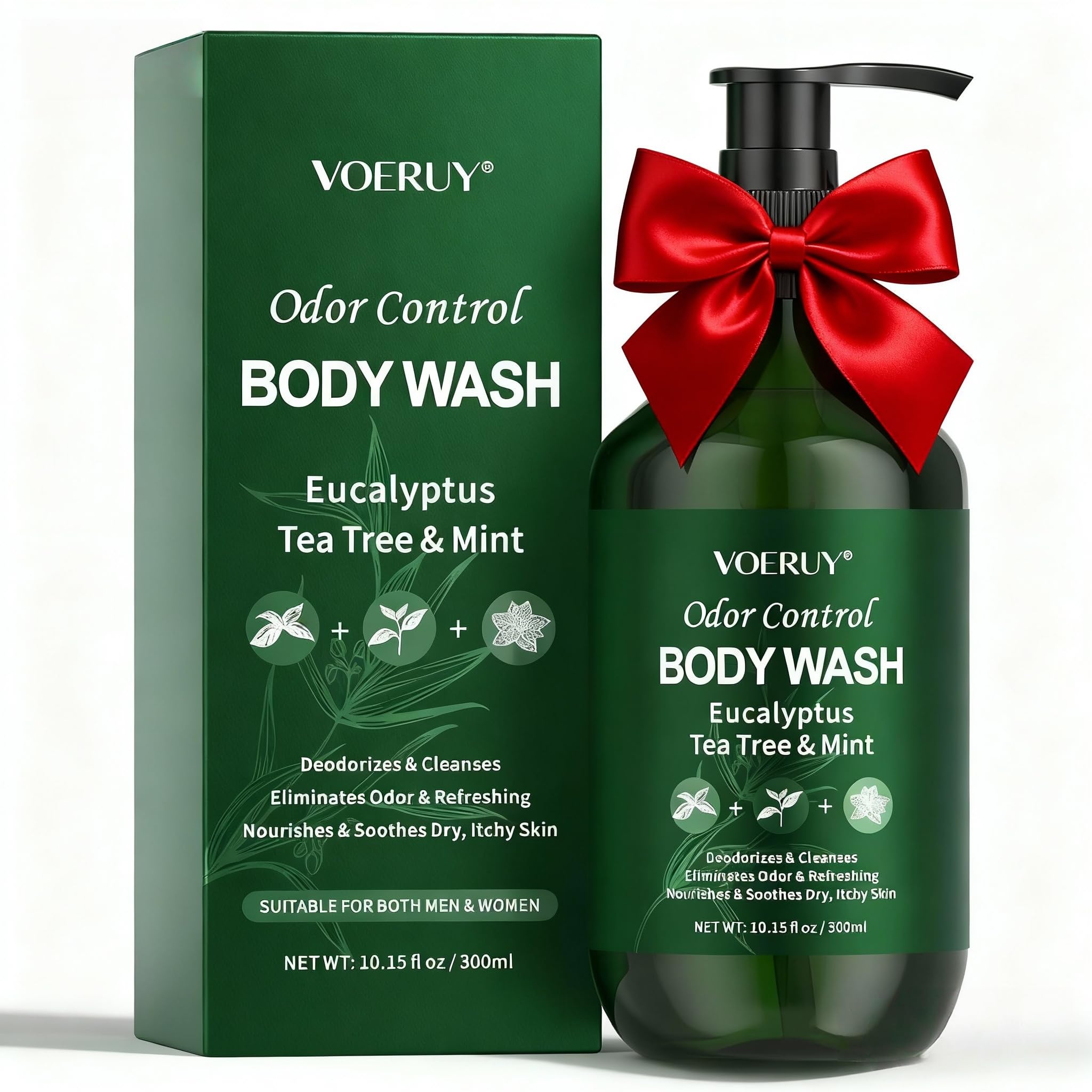 VOERUY eucalyptus and tea tree body wash bottle showing 24-hour odor control benefits.