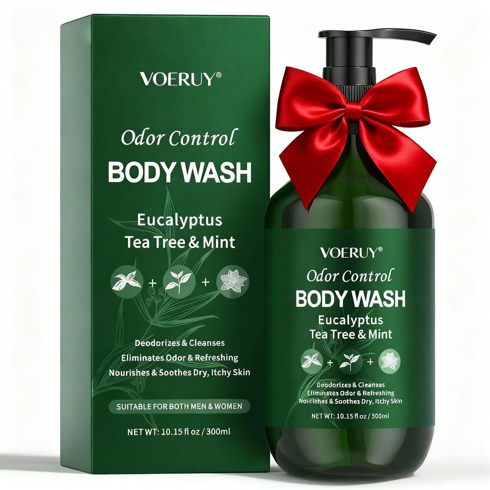 VOERUY eucalyptus and tea tree body wash bottle showing 24-hour odor control benefits.