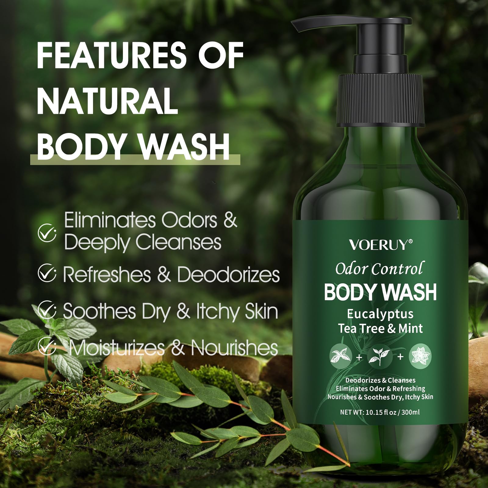 VOERUY body wash pour shot highlighting refreshing scent for daily cleanse.