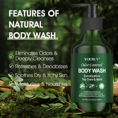 VOERUY body wash pour shot highlighting refreshing scent for daily cleanse.