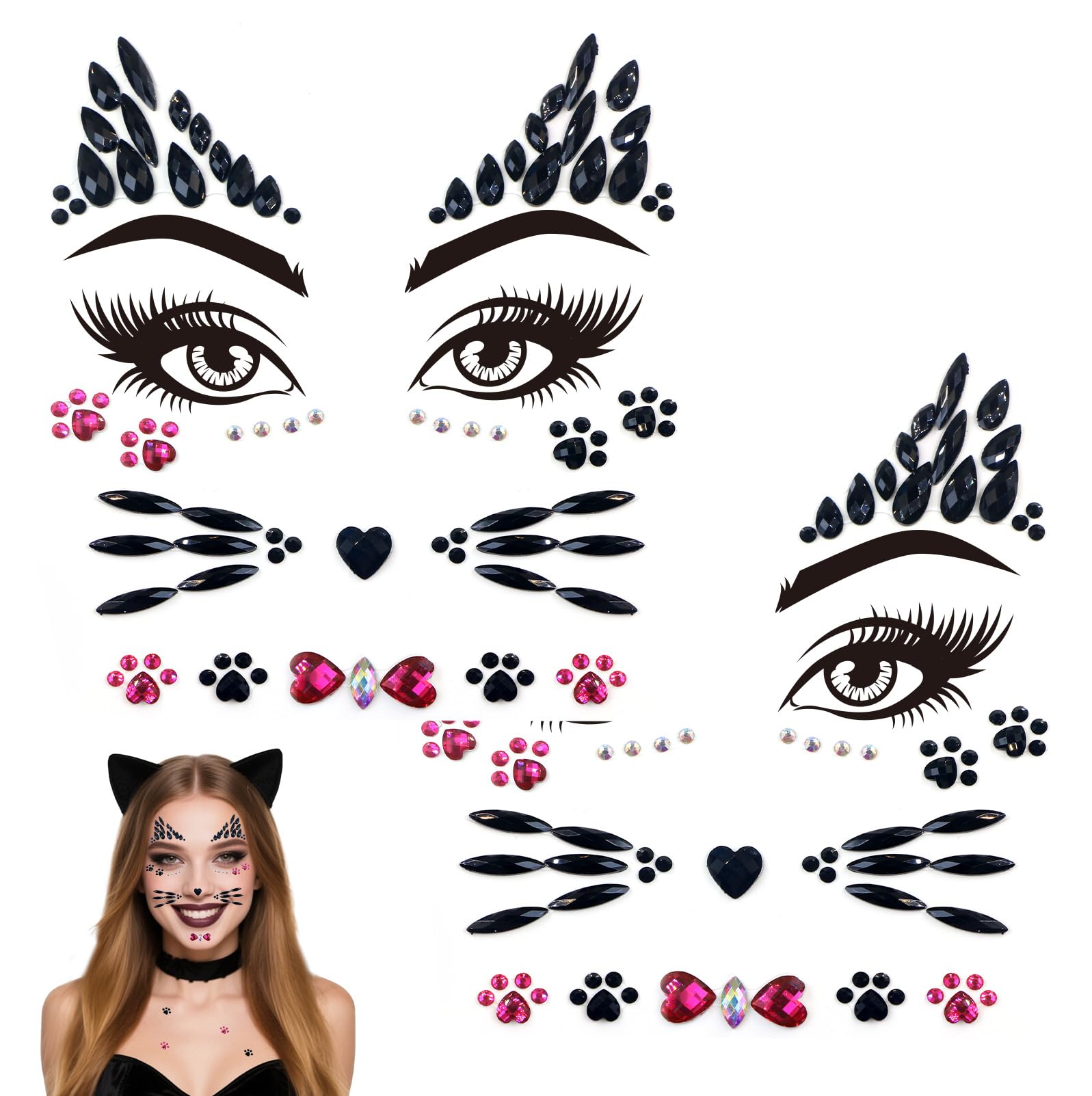 Voiiake crystal cat-face gems sheet close-up for sparkling Halloween makeup