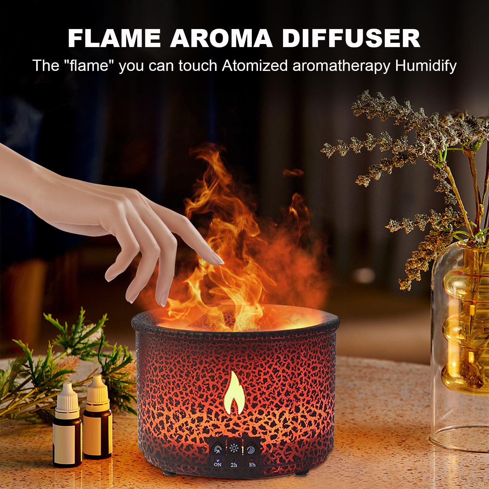 Volcano flame diffuser emitting a soft flame and mist