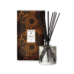 Voluspa Baltic Amber Mini Diffuser 100 ml in embossed glass jar with reed sticks