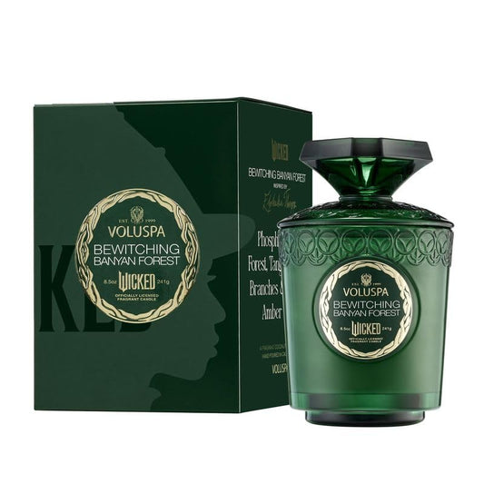 Voluspa Elphaba Bewitching Banyan Forest candle front view in 8.5 oz glass jar