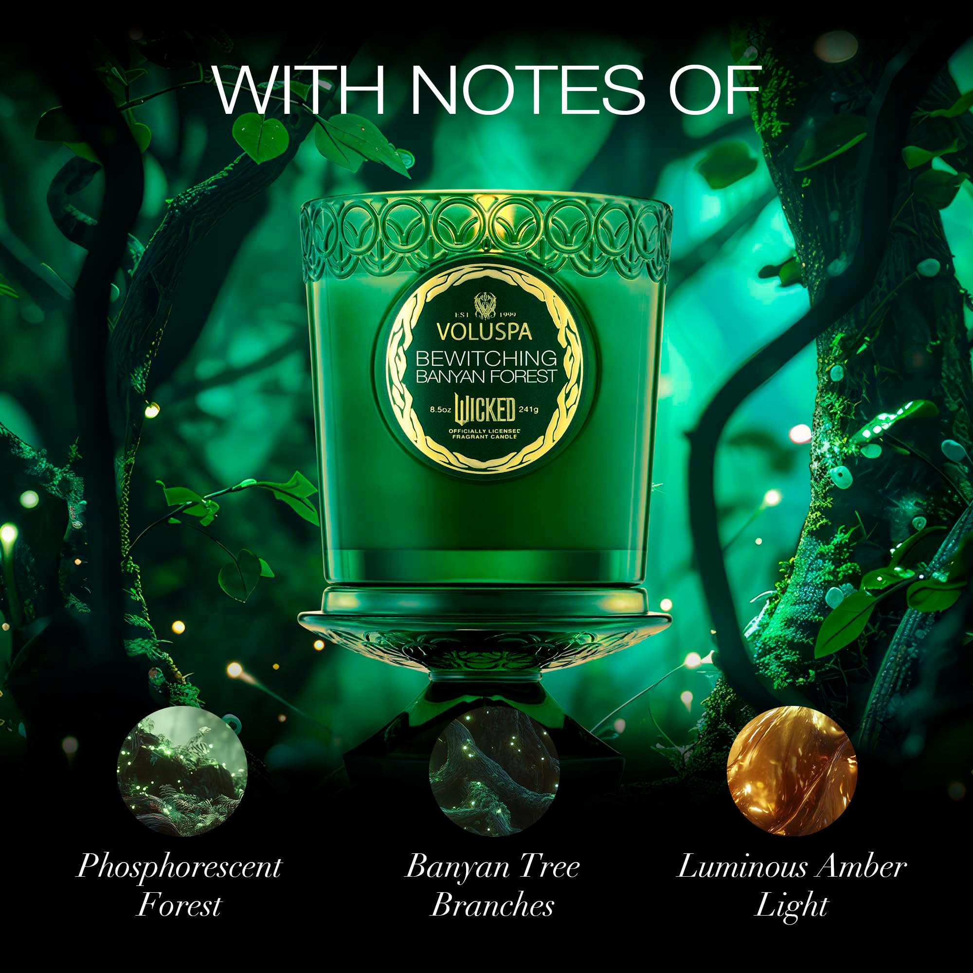 Fragrance notes graphic featuring Phosphorescent Forest, Banyan Tree, Luminous Amber Light