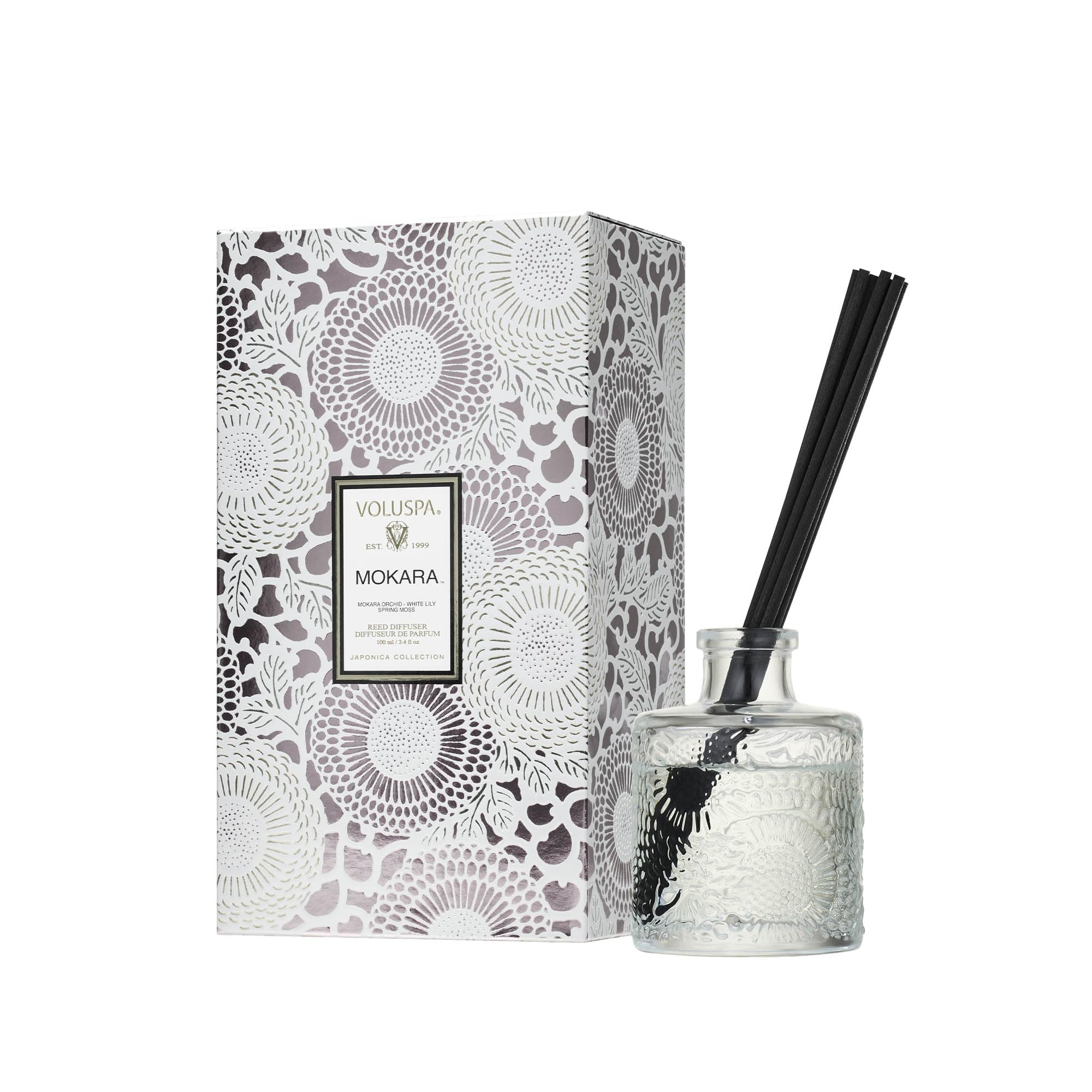 Voluspa Mokara reed diffuser 3.4 oz embossed glass vessel with reeds