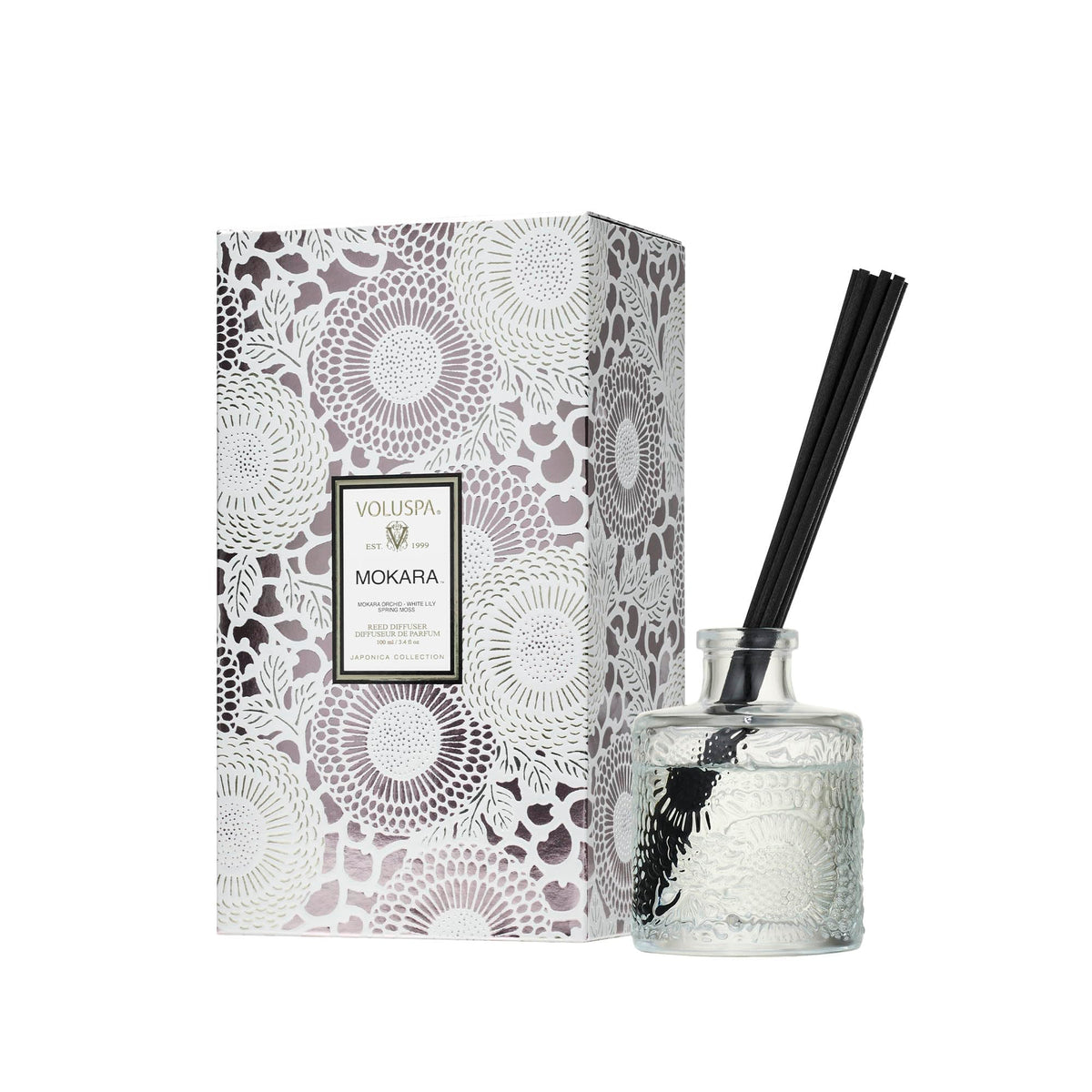 Voluspa Mokara reed diffuser 3.4 oz embossed glass vessel with reeds