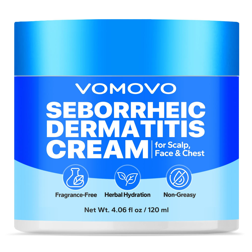 Vomovo Seborrheic Dermatitis Cream packaging shows lightweight hydration for scalp and skin.