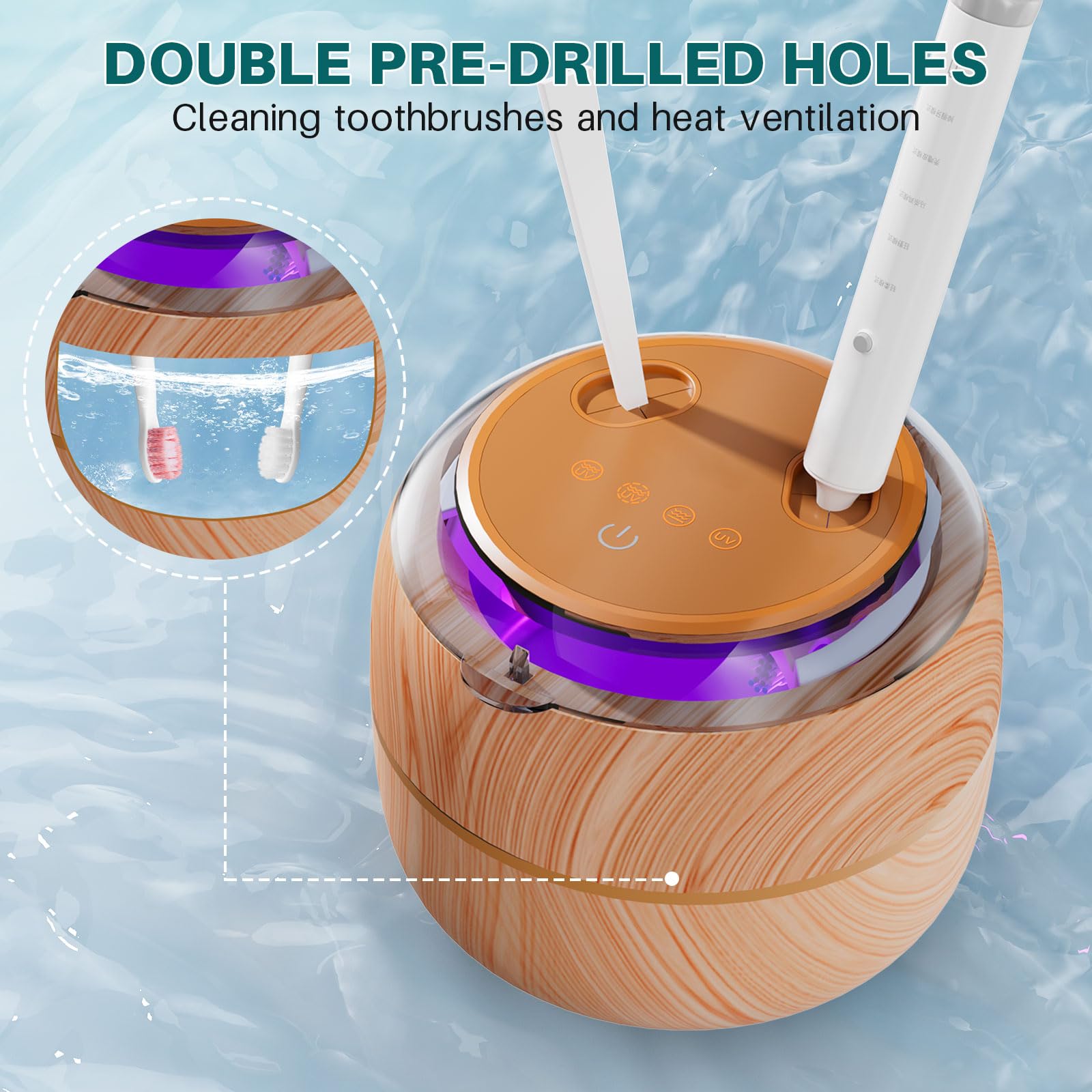 Wood-grain finish and clear lid on compact cleaner