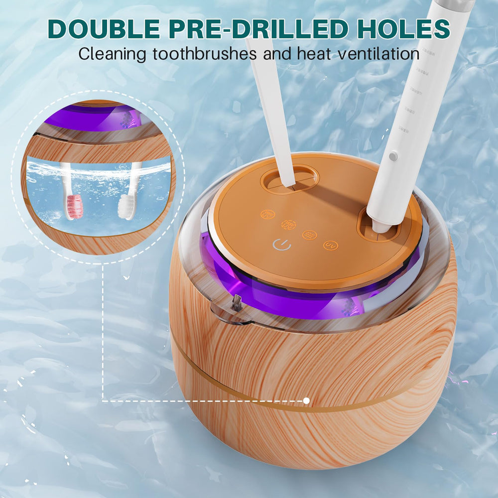 Wood-grain finish and clear lid on compact cleaner