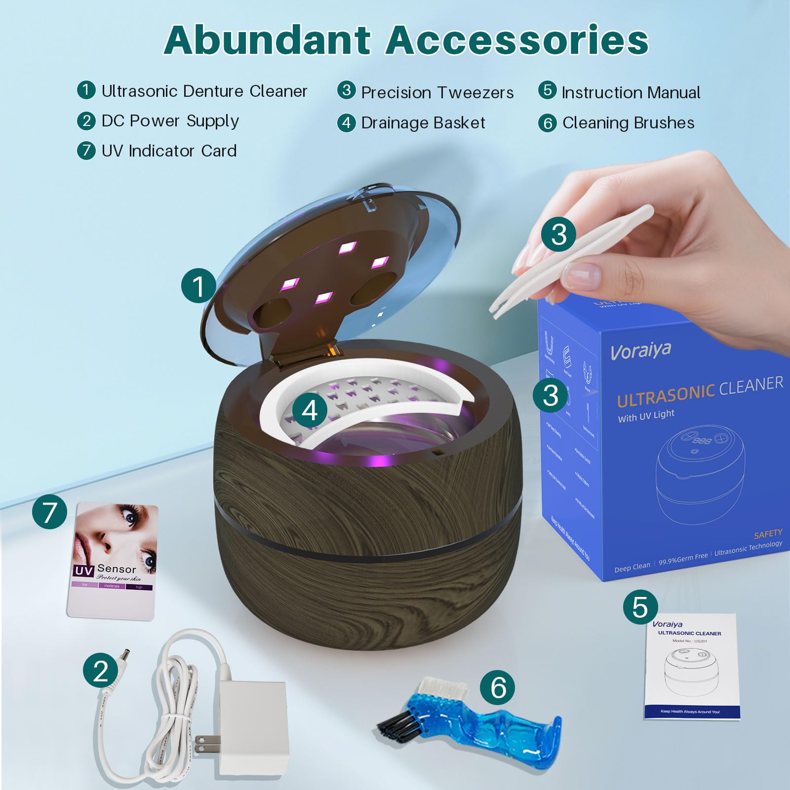 Accessories included: tweezers, basket, and brush