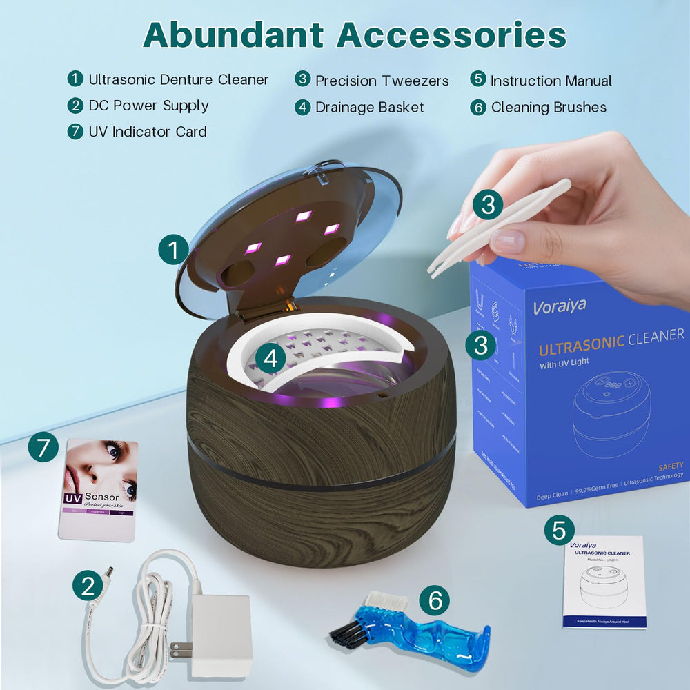 Accessories included: tweezers, basket, and brush