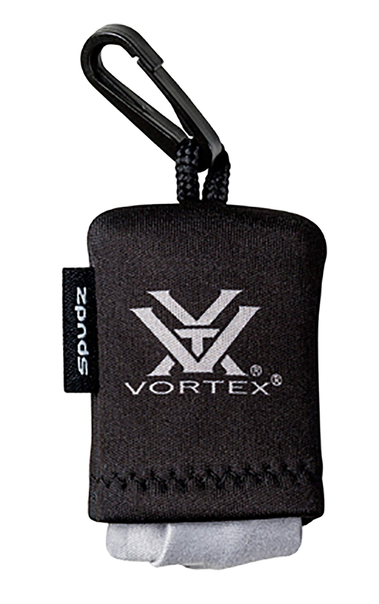 Vortex Optics Spudz microfiber cleaning cloth attached to a neoprene pouch