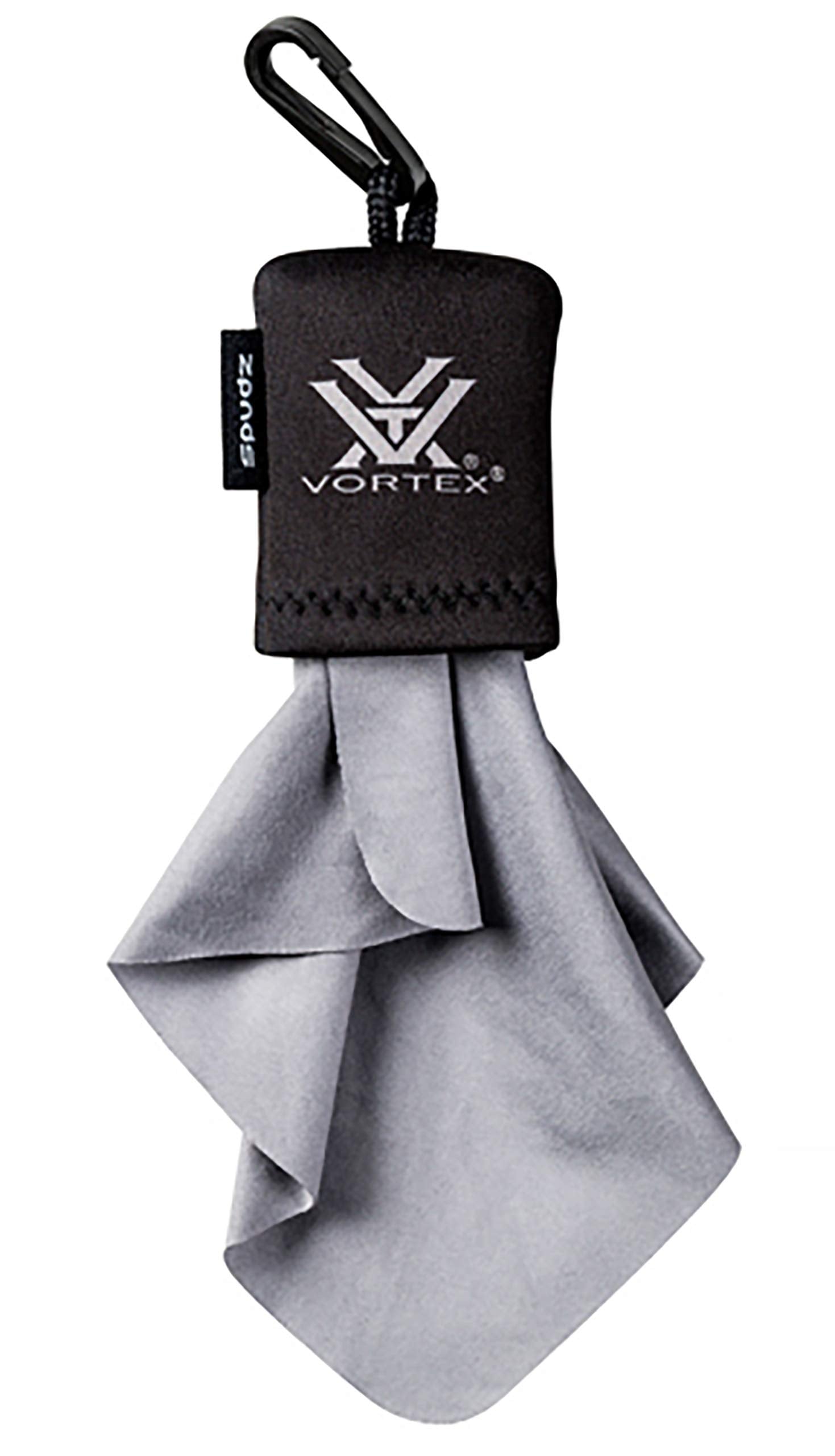 Vortex Spudz microfiber cleaning cloth attached to a key chain or zipper for easy access